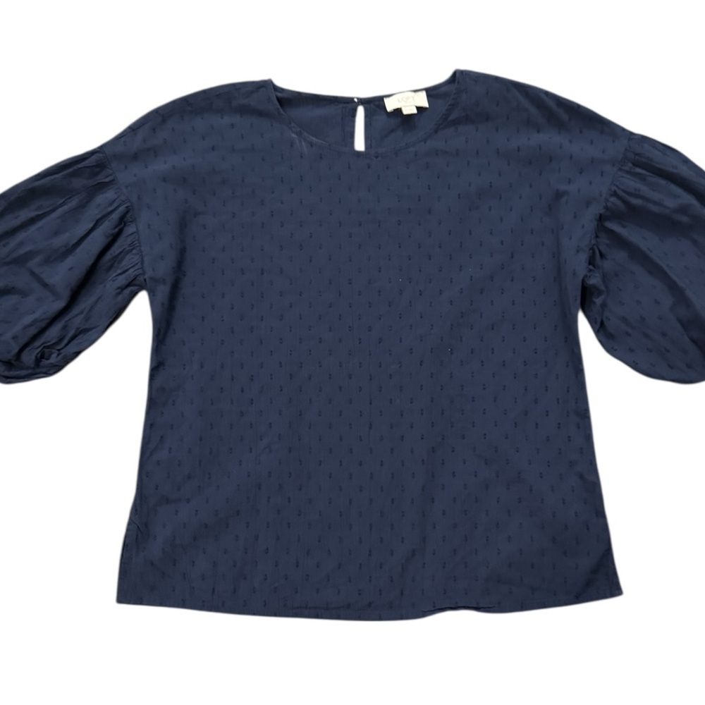 LOFT Outlet Navy Blue Swiss Dot Blouse XS Puff Sleeve Cotton Top